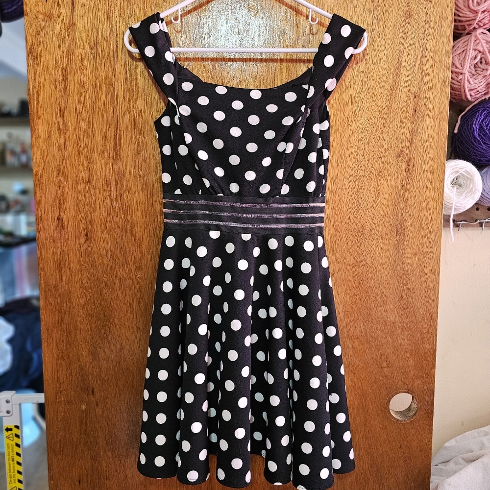 B. Darlin Retro Black White Polka Dot Fit & Flare Dress 7/8 Rockabilly Style
